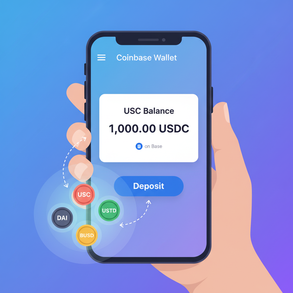 coinbase wallet showing usdc balance on base, deposit button, stablecoin icons glowing