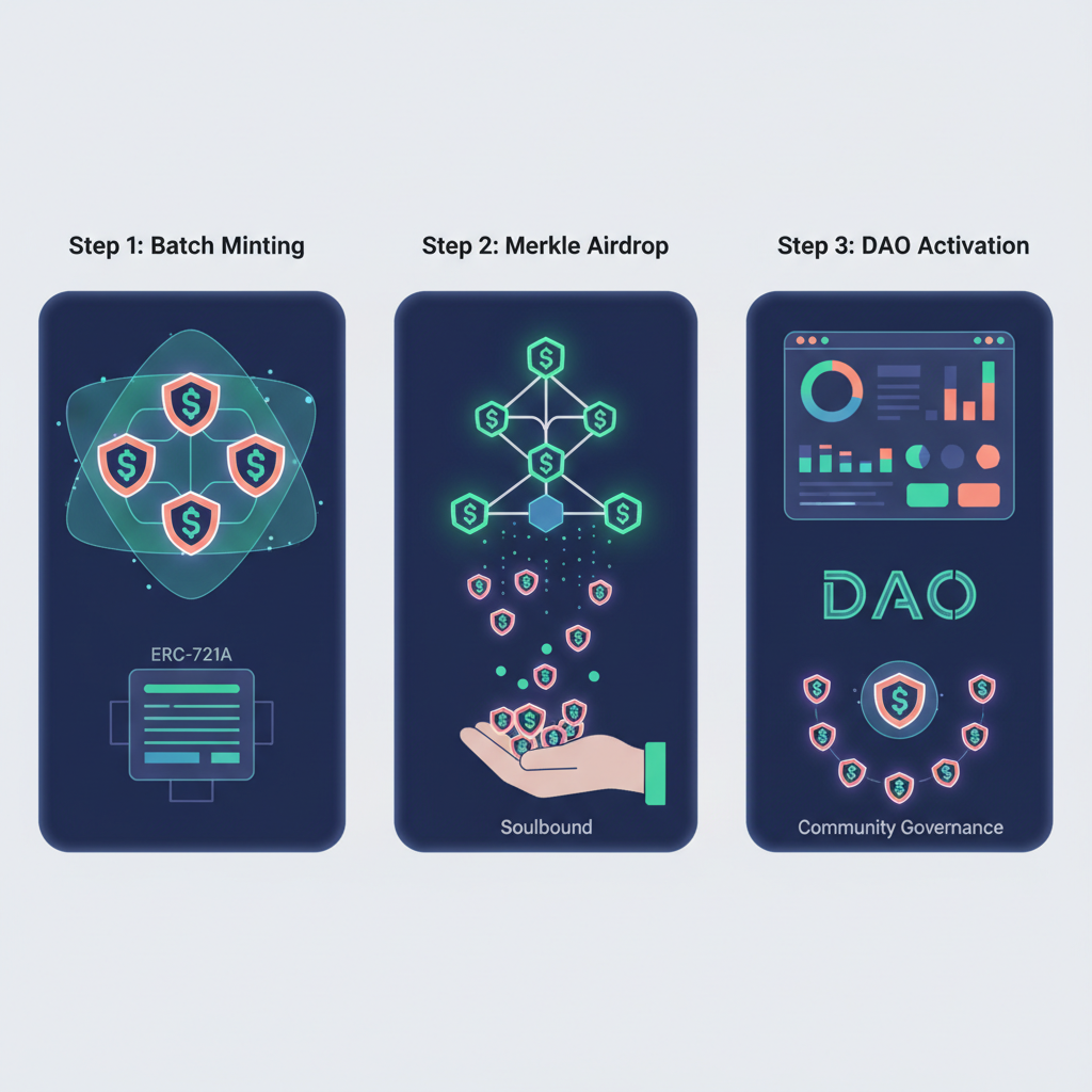 batch minting ERC-721A soulbound NFT badges, glowing Merkle tree airdrop, DAO dashboard animation, vibrant digital art