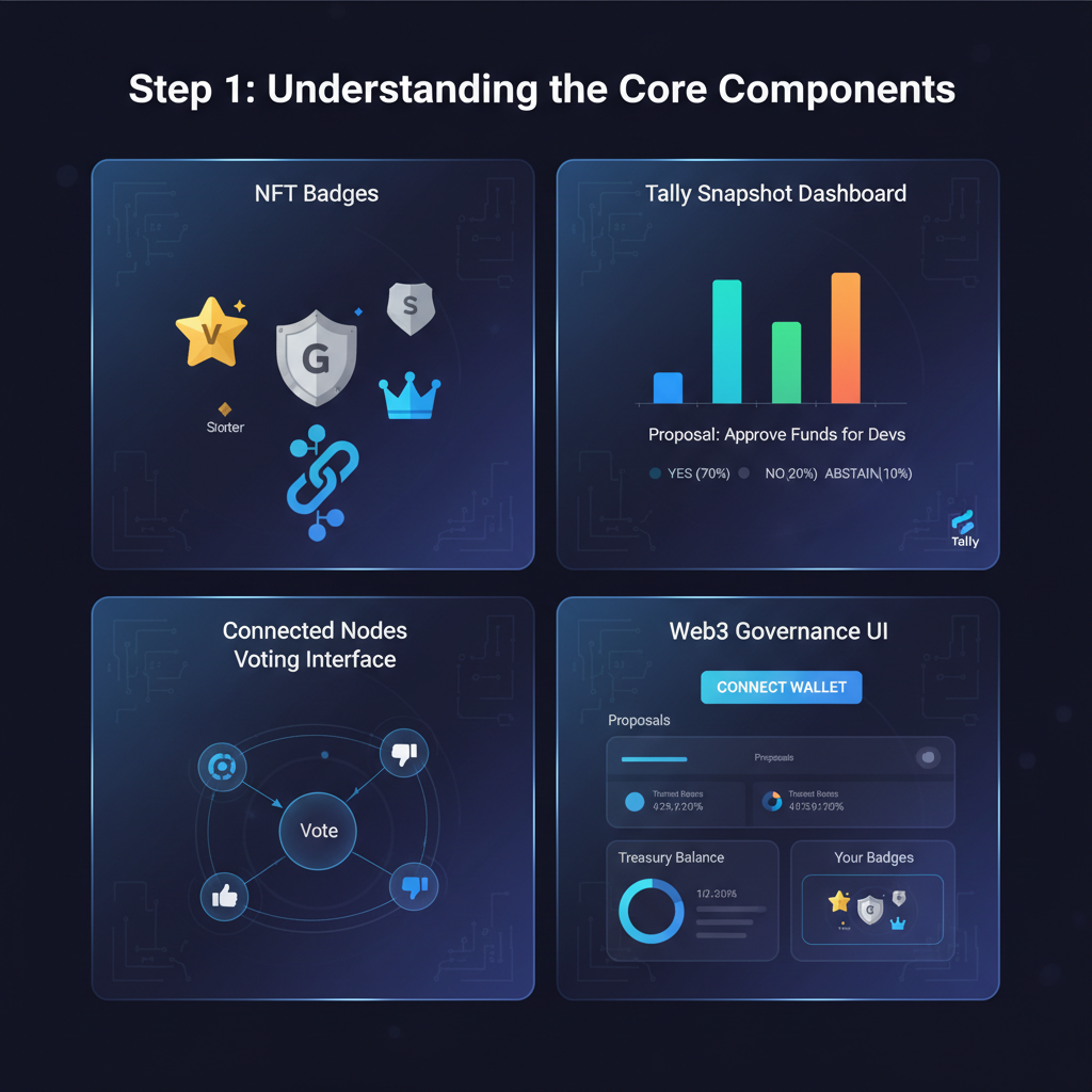 integrating NFT badges with Tally Snapshot dashboard, connected nodes voting interface, innovative web3 governance UI, holographic style