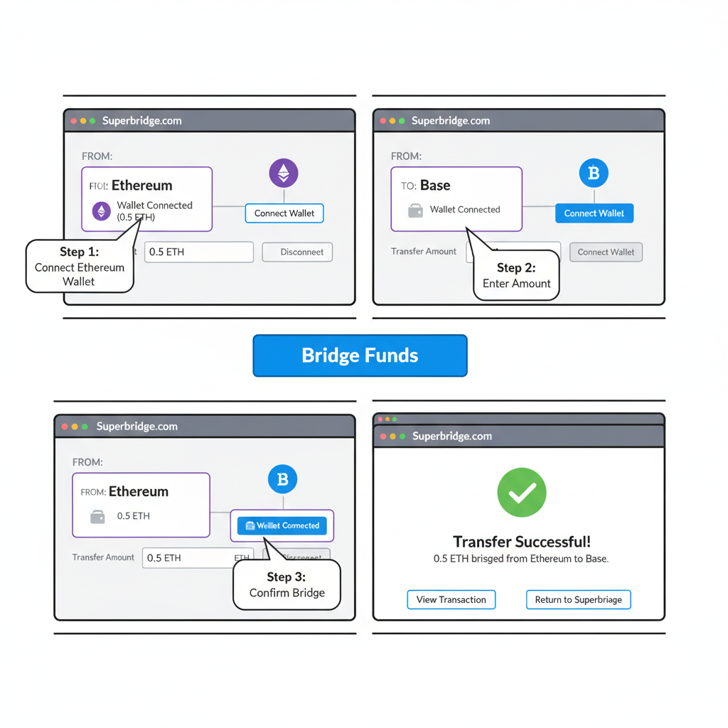 Superbridge website bridging ETH from Ethereum to Base connected wallet