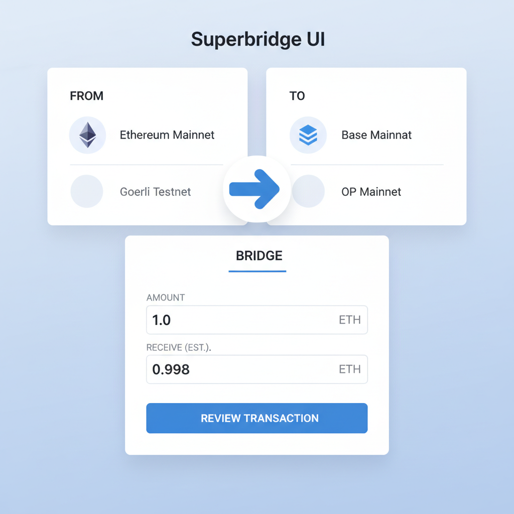 Superbridge UI selecting Ethereum to Base chain bridge