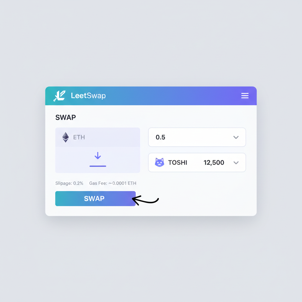LeetSwap DEX interface swapping ETH for TOSHI on Base