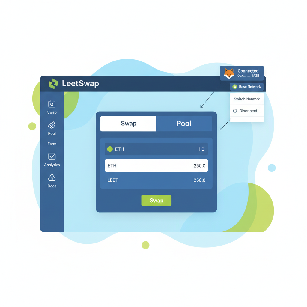 LeetSwap DEX homepage with connected MetaMask on Base network