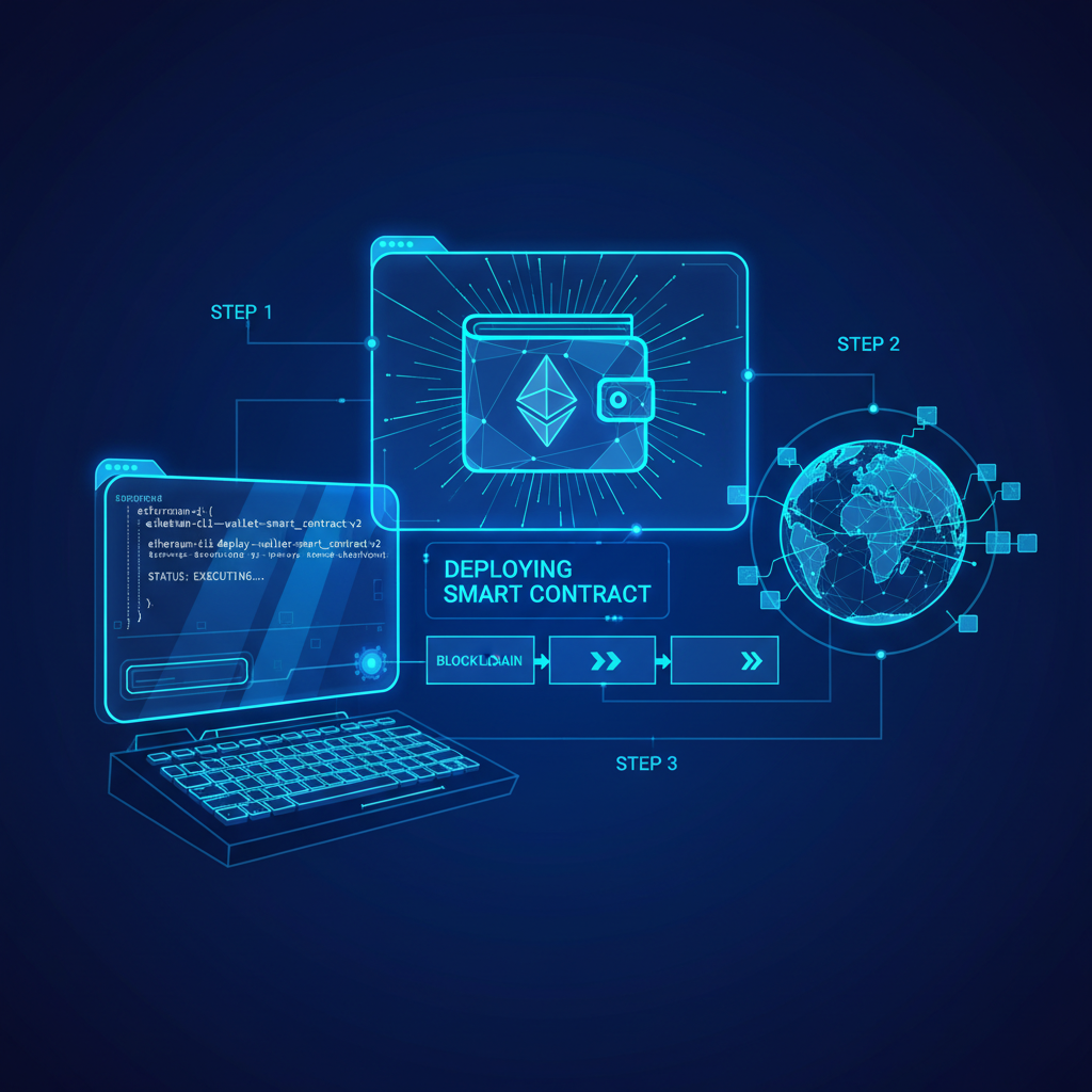 cyberpunk ethereum smart wallet deploying on blockchain, neon blue glow, futuristic console terminal