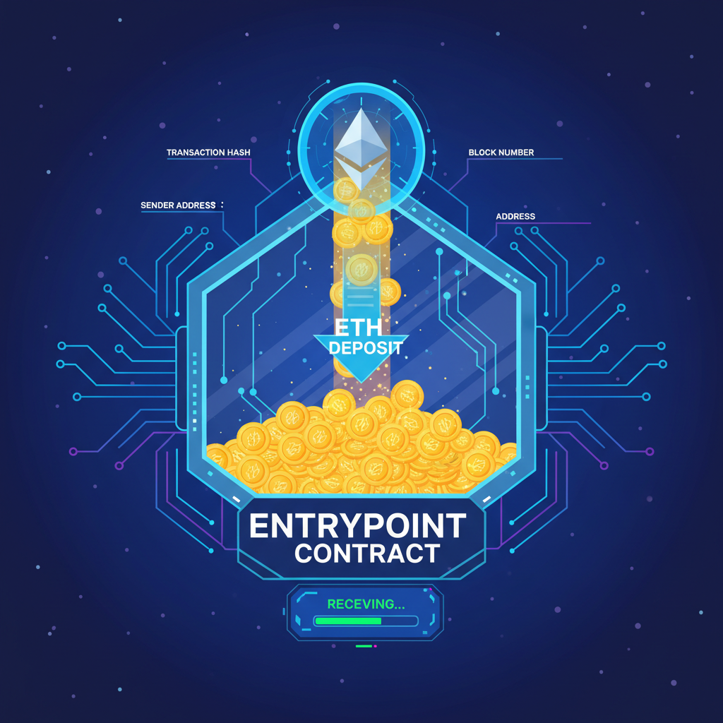 ethereum entrypoint contract receiving eth deposit, glowing vault filling with golden coins, sci-fi style