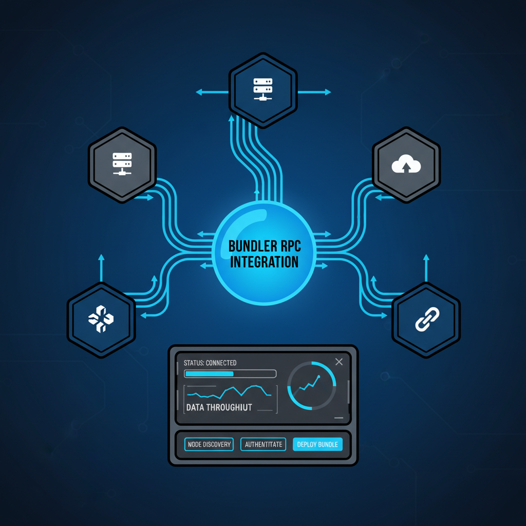 bundler rpc integration network nodes connecting, electric blue data streams, high-tech dashboard