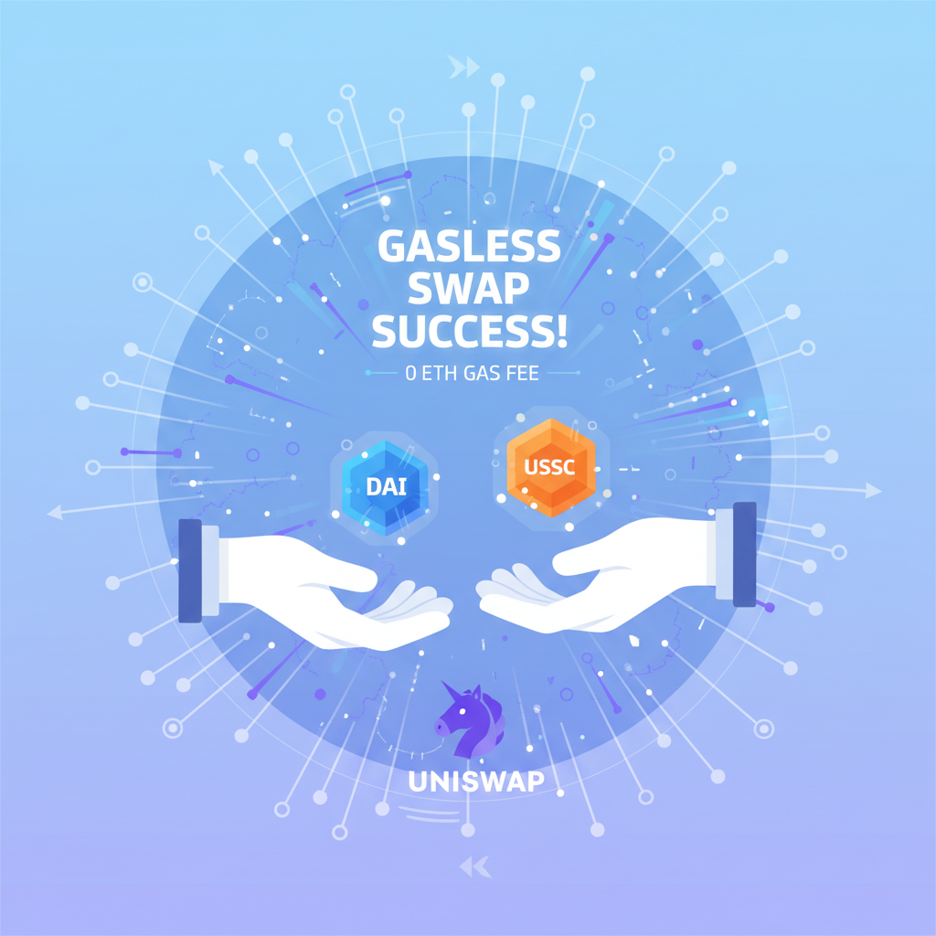 gasless defi swap on uniswap, tokens exchanging without eth gas, holographic interface exploding with success