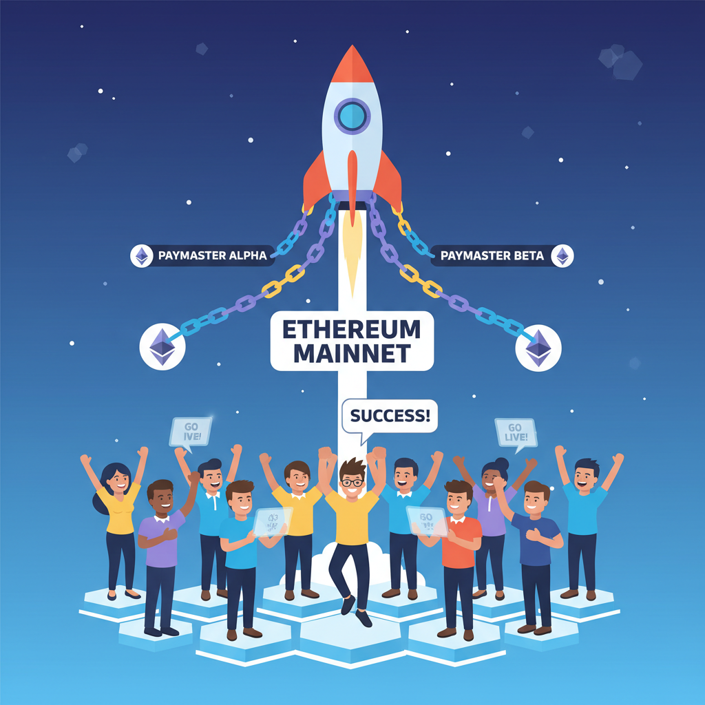 paymaster going live on mainnet, rocket launch with ethereum chains, triumphant developer celebrating