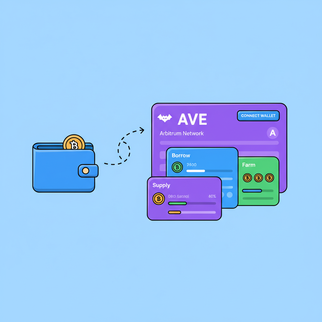 cartoon wallet icon connecting to colorful Aave DeFi dashboard on Arbitrum network