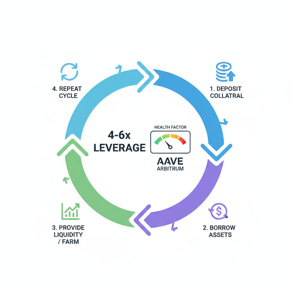 looping cycle diagram 4-6x leverage with health factor gauge on Aave Arbitrum