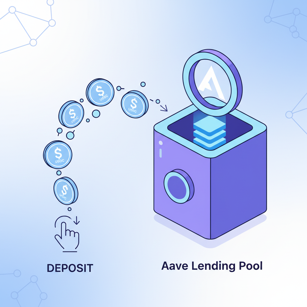 illustration of USDC coins flowing into Aave lending pool vault