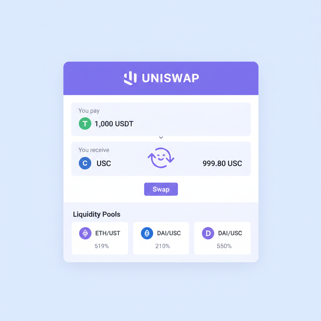 Uniswap interface swapping USDT to USDC with liquidity pools