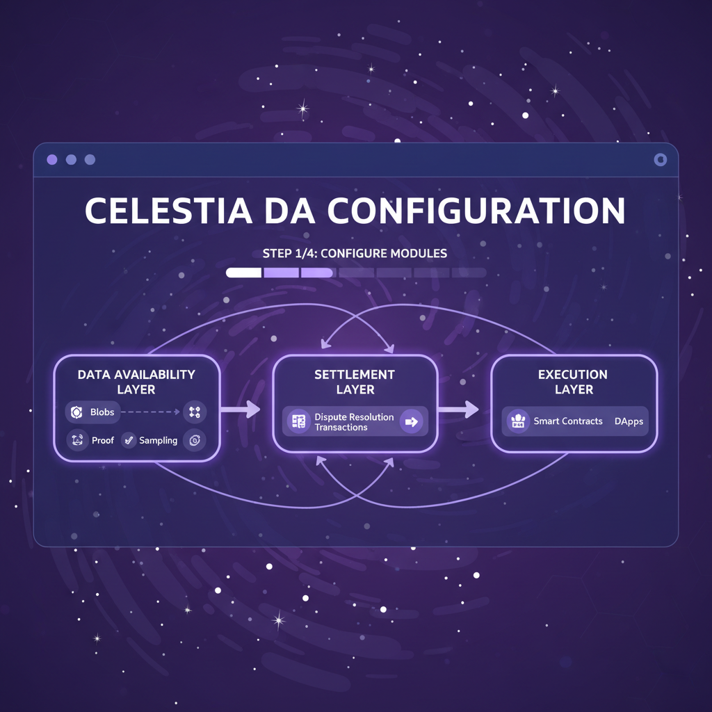 Celestia DA config panel in dashboard, modular blockchain diagram, purple cosmic theme