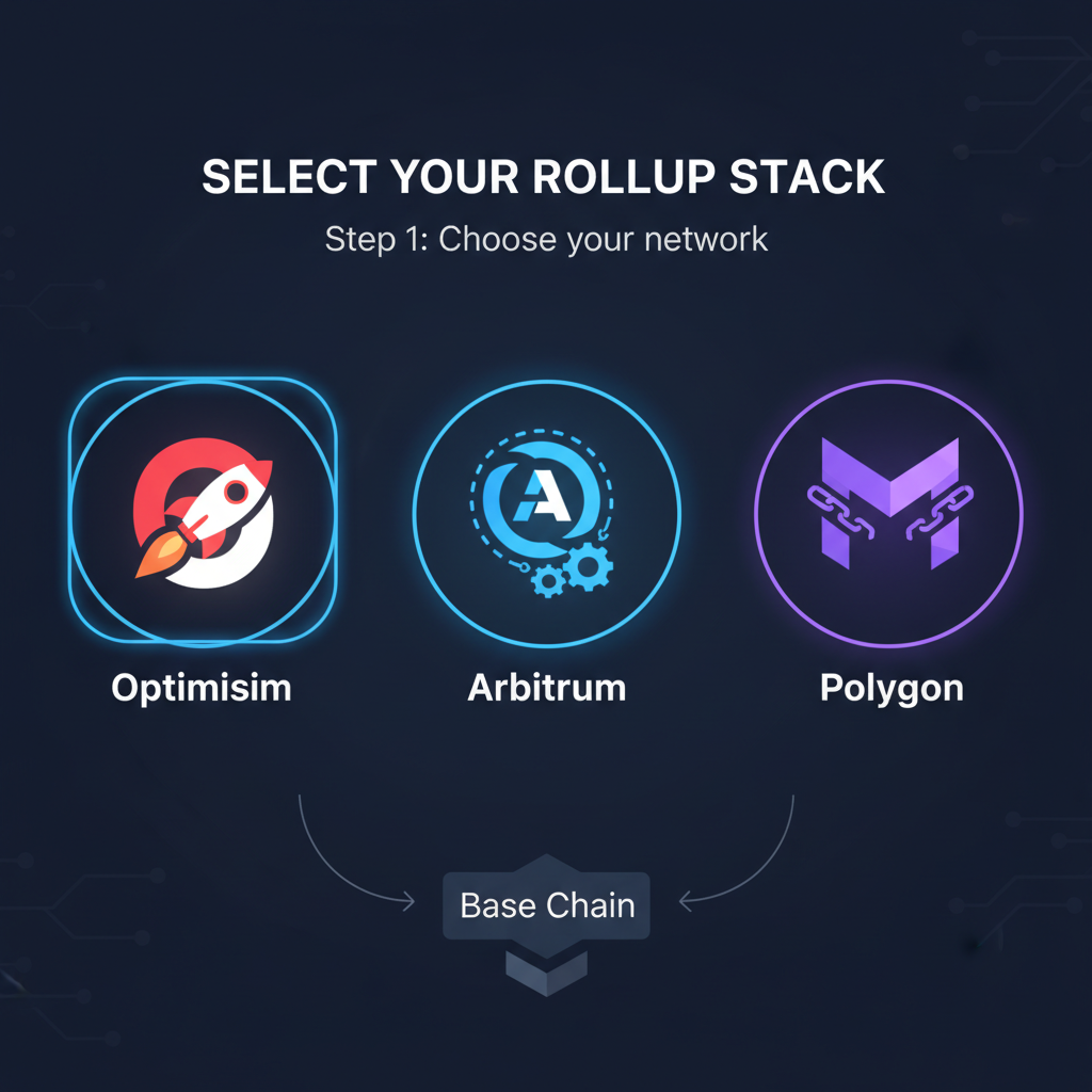 rollup stack selection interface with Optimism Arbitrum Polygon options, tech icons glowing