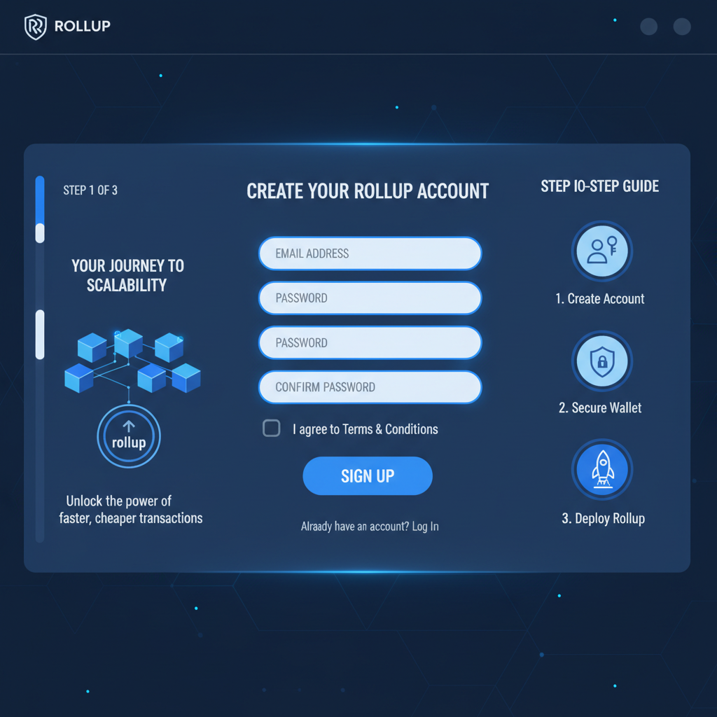 clean web dashboard signup screen for blockchain rollup service, futuristic UI, blue tones