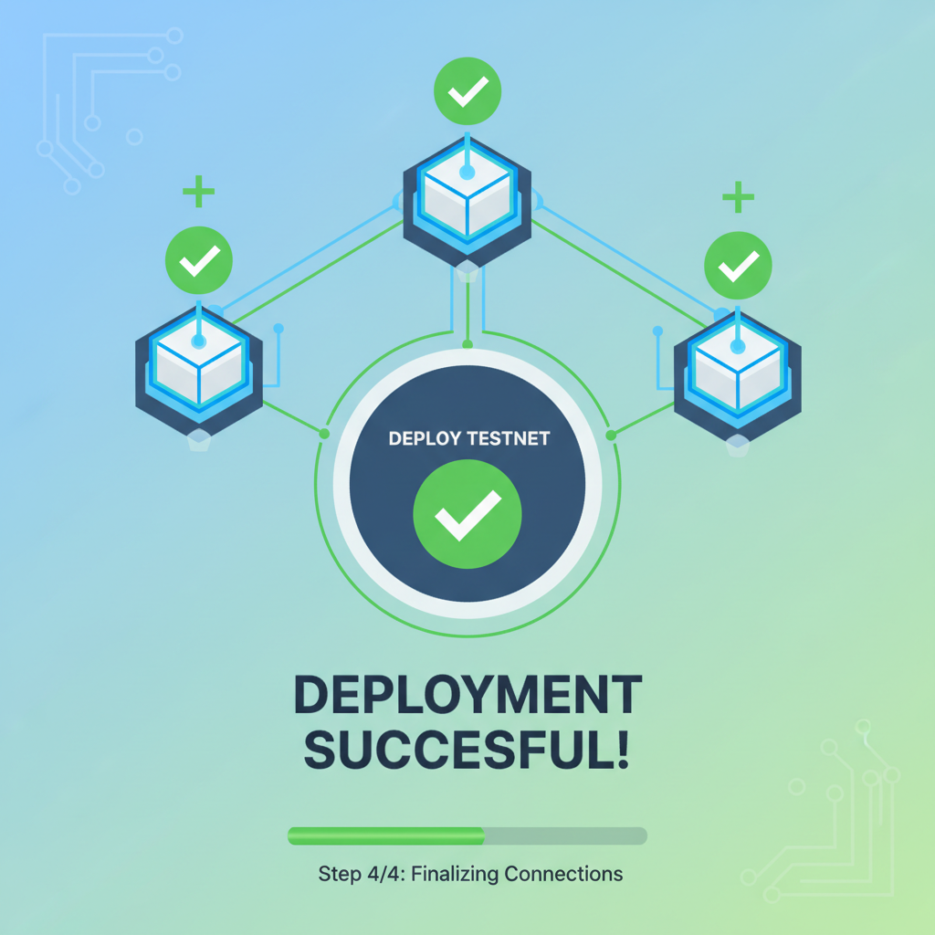testnet deployment button success screen, blockchain nodes connecting, green checkmarks