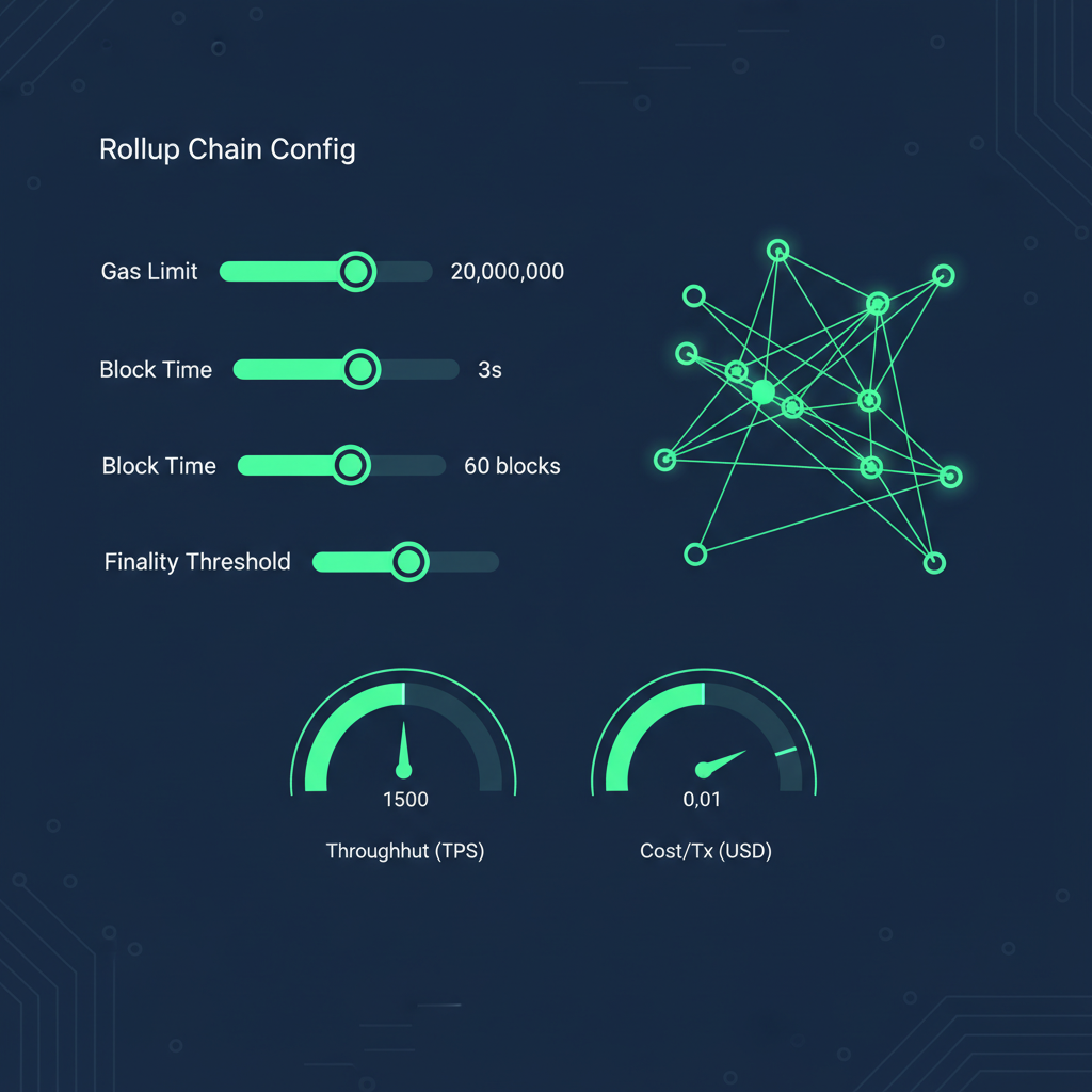 parameter tweak sliders for rollup chain config, graphs and dials, neon green interface