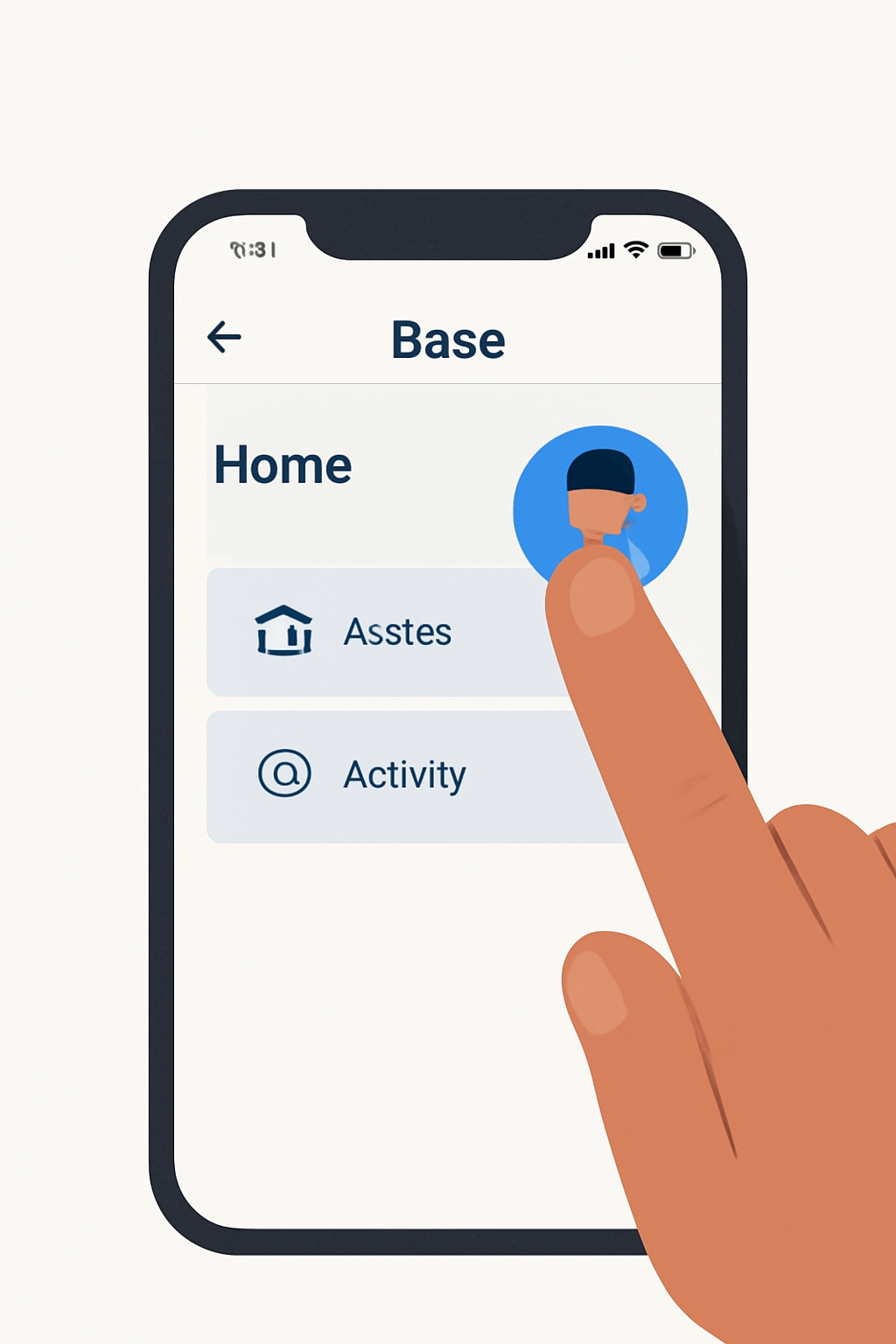 A smartphone screen displaying the Base App with a user tapping their profile photo to access their profile page, clean UI, modern app interface.