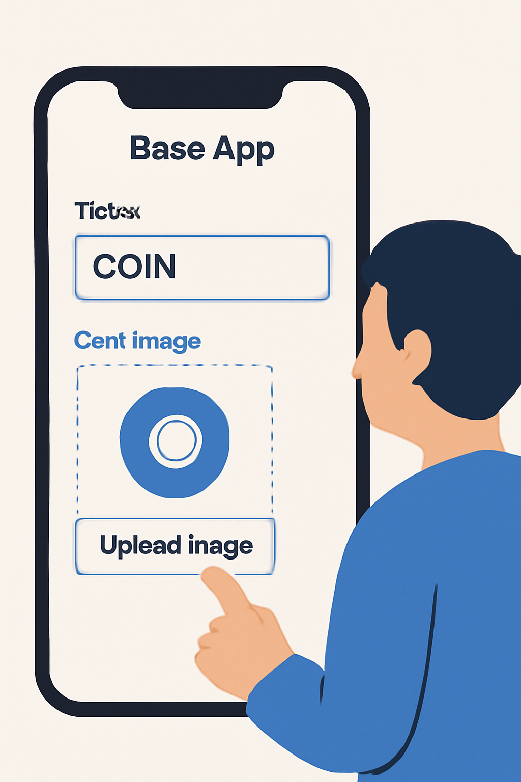 A user entering a ticker name and uploading a custom image for their coin in the Base App, with fields for text and image selection, visually engaging.