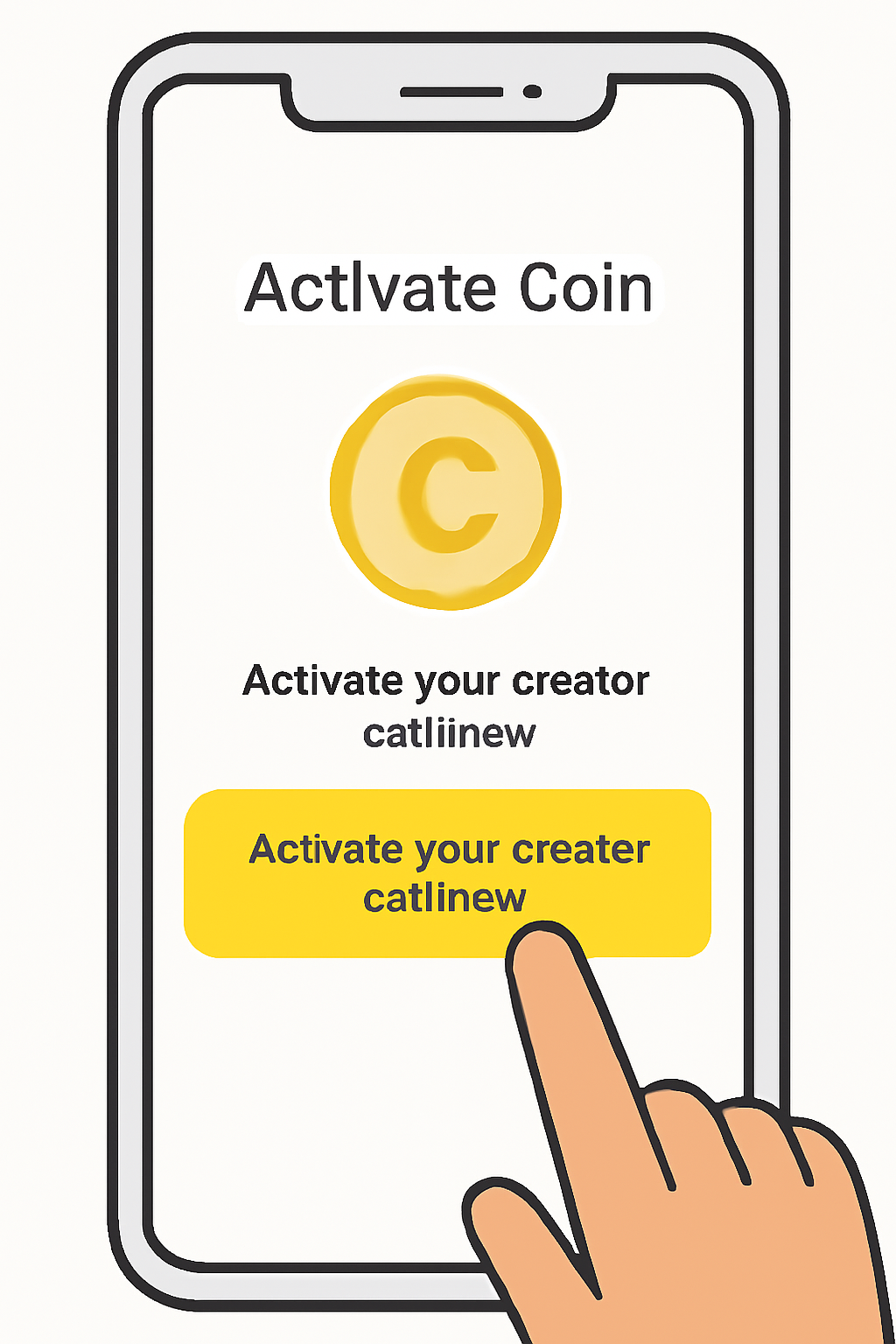 A mobile app screen showing a highlighted 'Activate your creator coin now' button, with a finger about to tap it, clear and inviting UI.