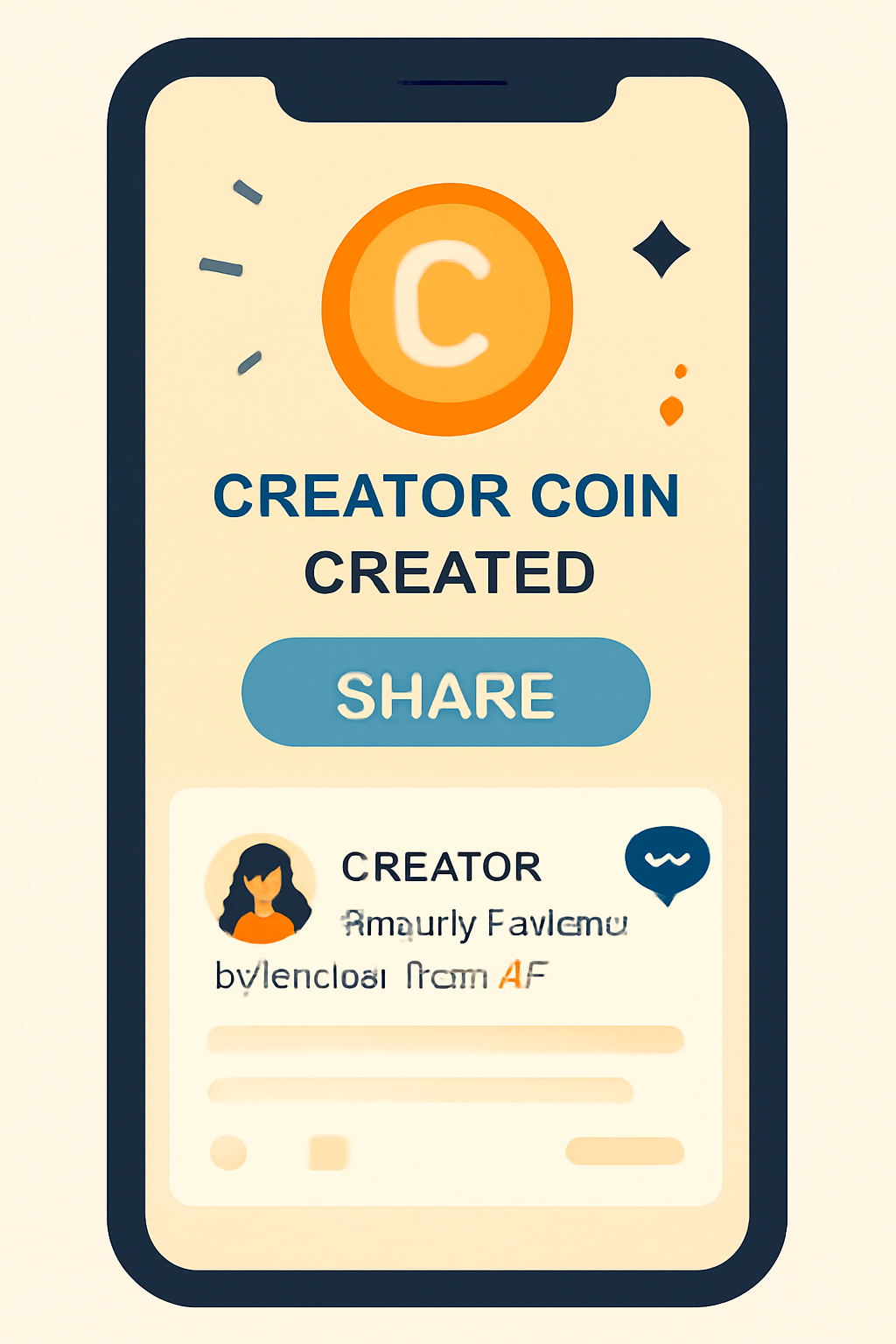A mobile screen showing a freshly created creator coin and a share button, with a preview of a social feed post, celebratory and social atmosphere.