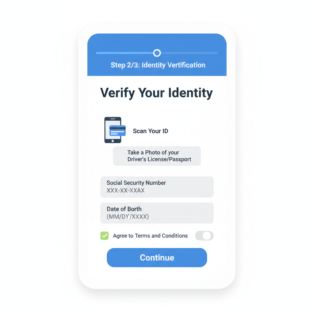 mobile app screen showing KYC form with ID scan and SSN input fields