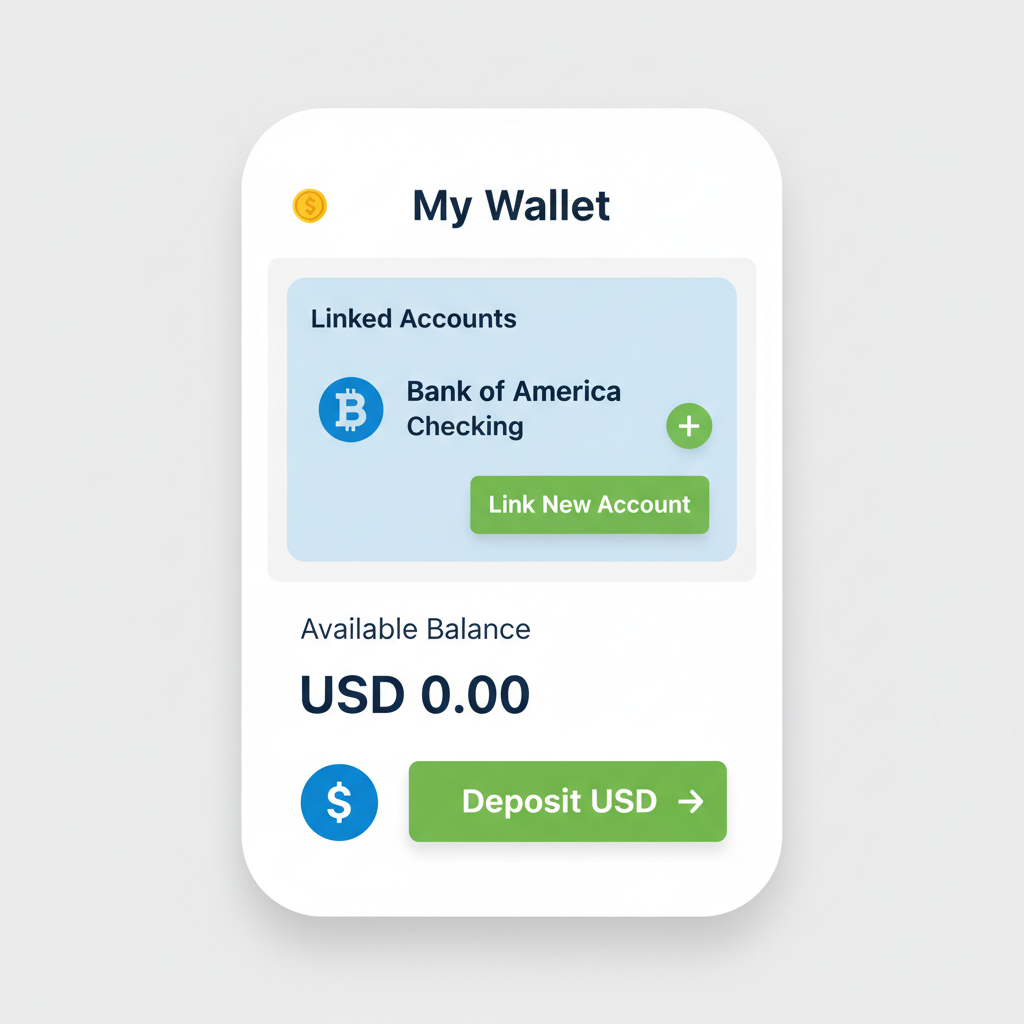 wallet app interface linking bank account with USD deposit button