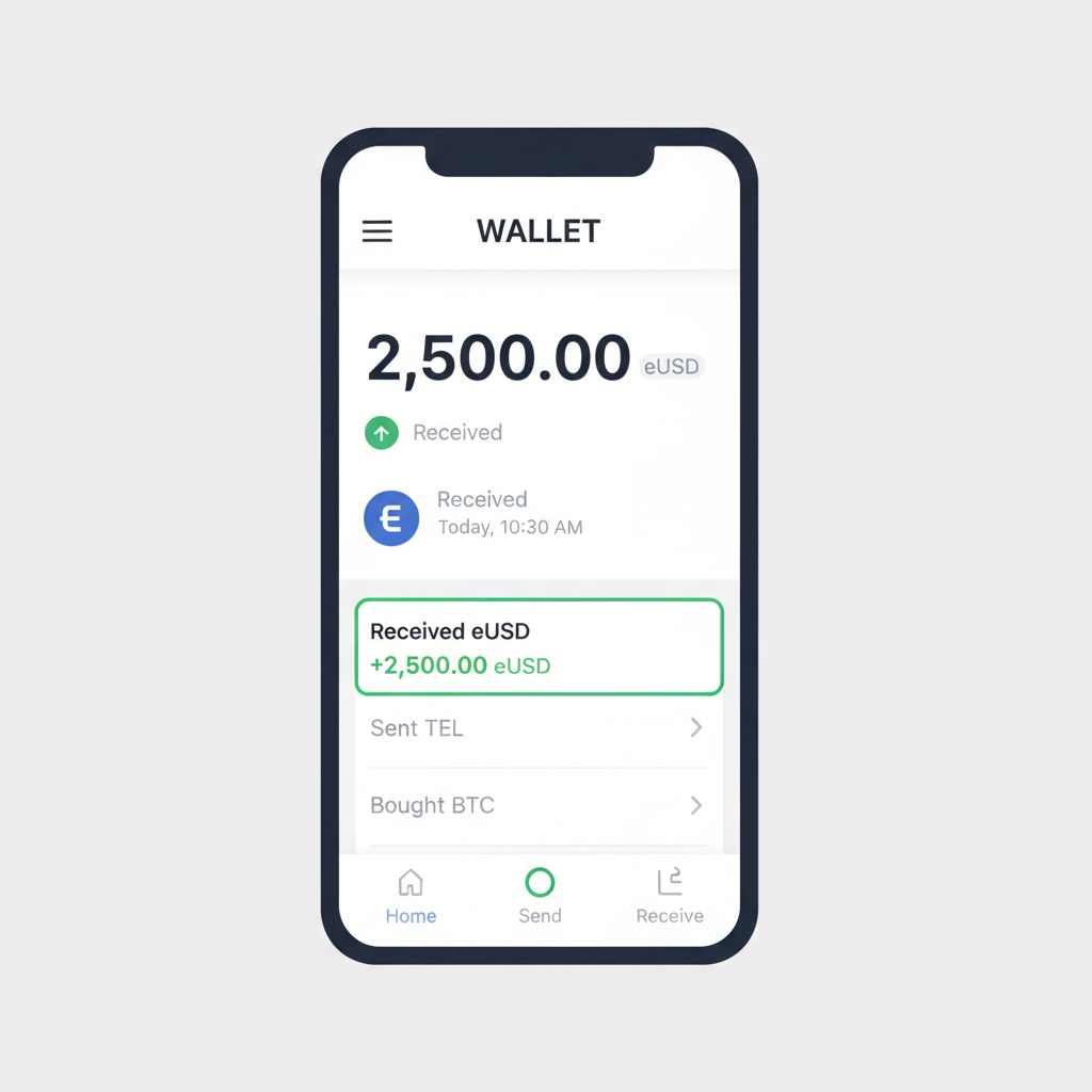 telcoin wallet balance screen showing eUSD stablecoin received