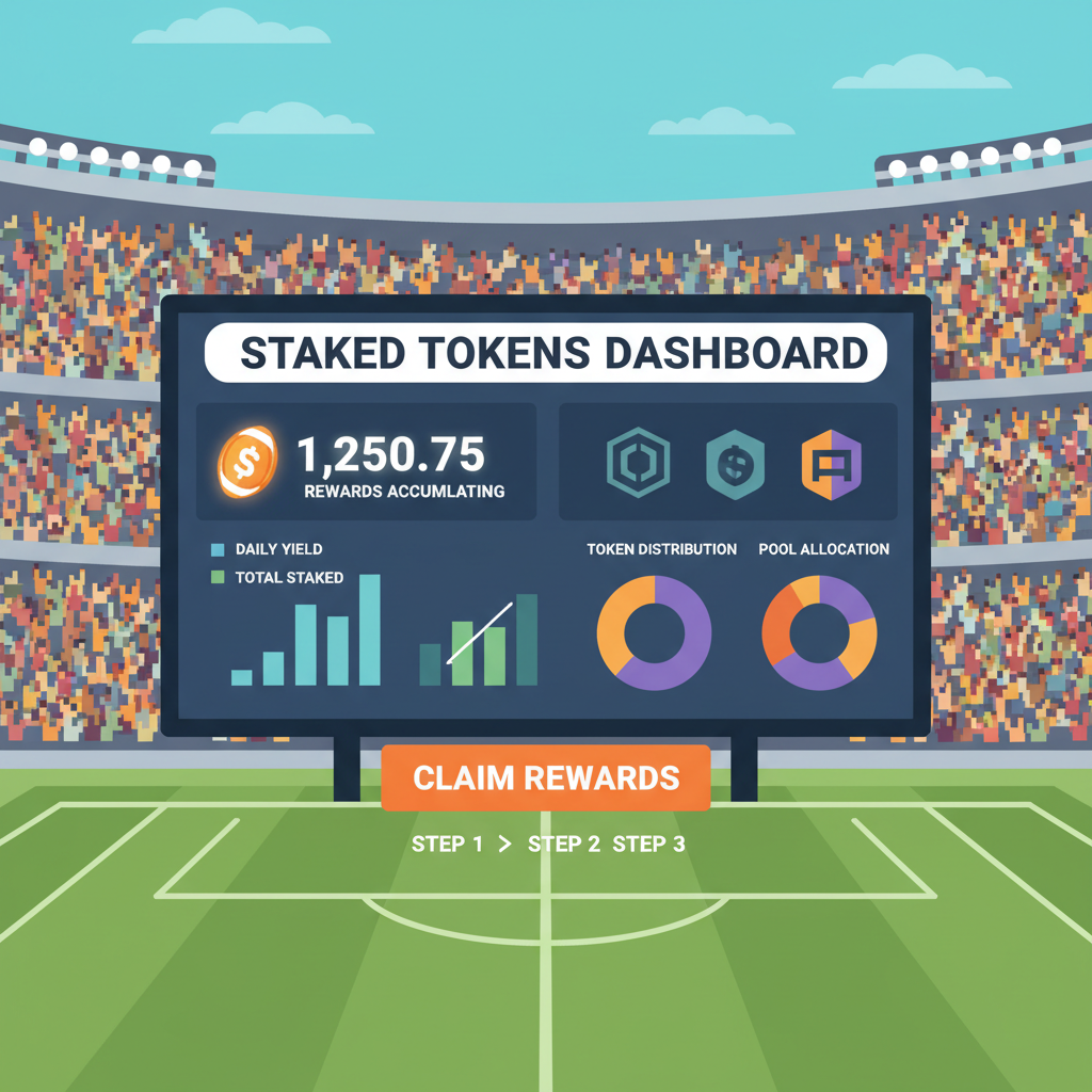dashboard showing staked tokens rewards accumulating, charts and claim button, football stadium vibe