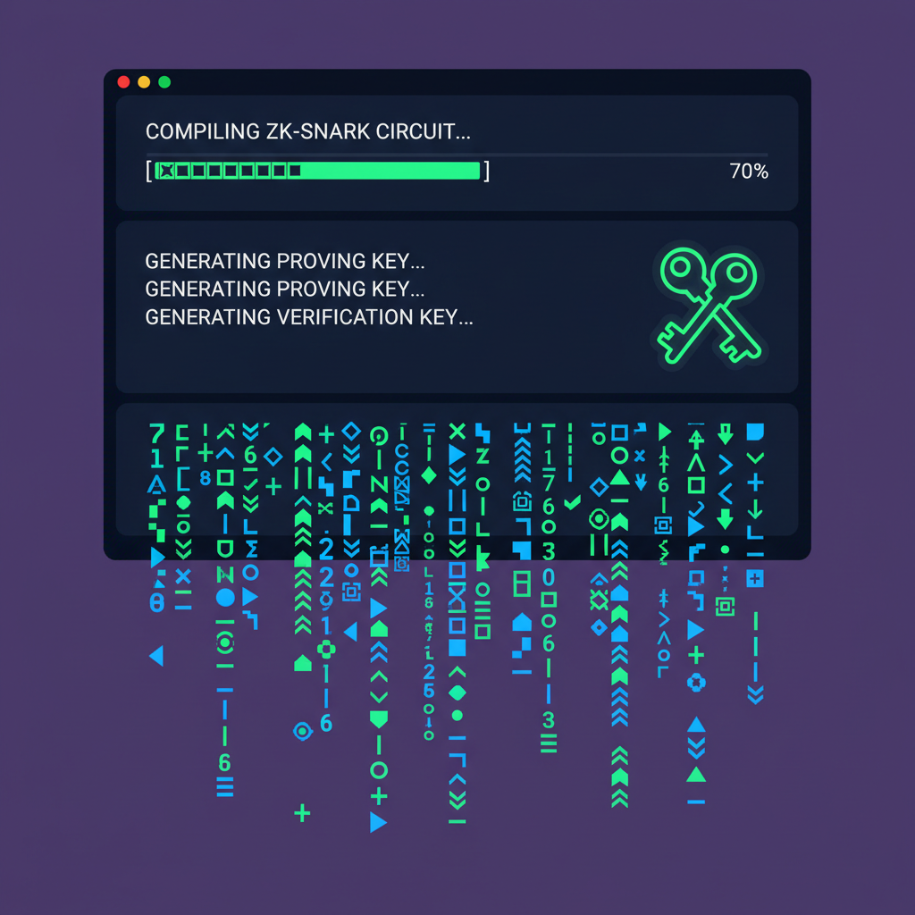 command line compiling zk circuit, keys generating, digital code streams in neon green