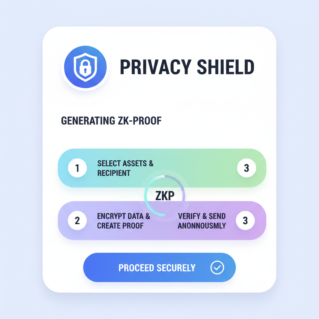 mobile wallet app interface generating zk proof, privacy shield icon, modern UI dashboard