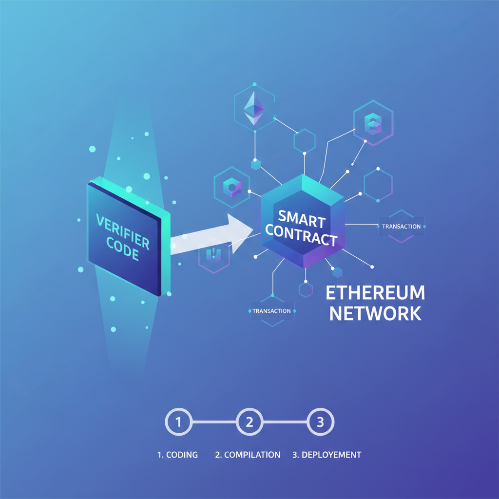 smart contract deployment on blockchain, verifier code glowing, ethereum network visualization