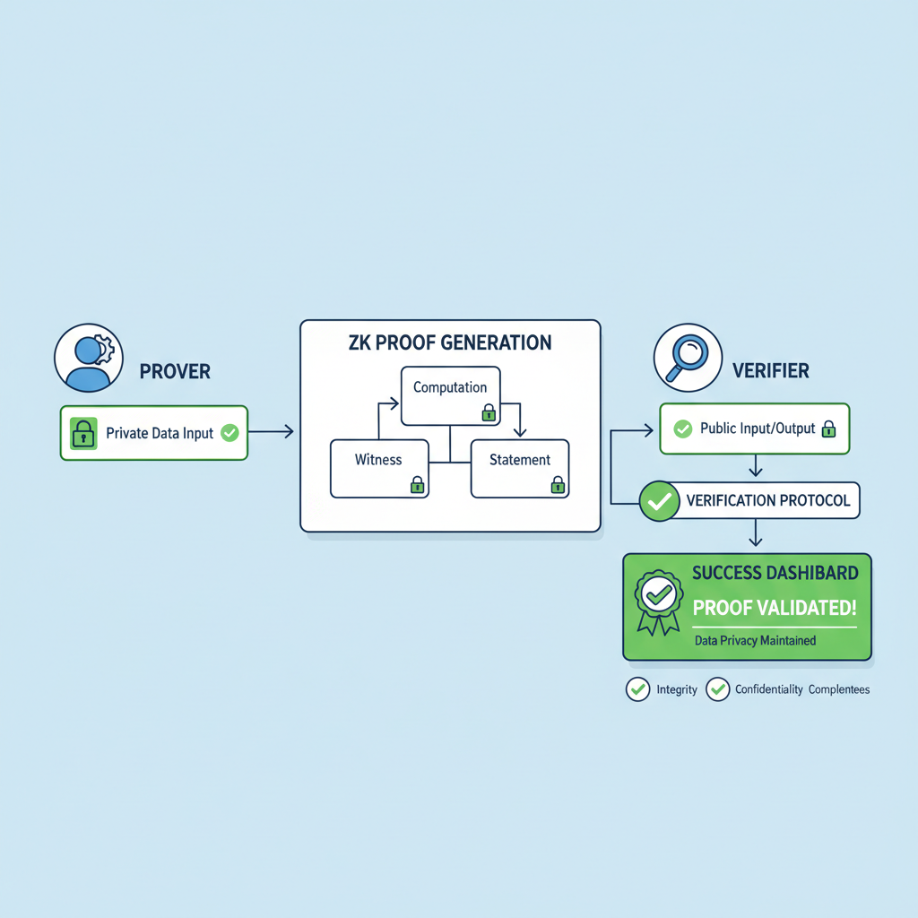 end-to-end zk proof flow diagram, green checkmarks, privacy lock icons, success dashboard