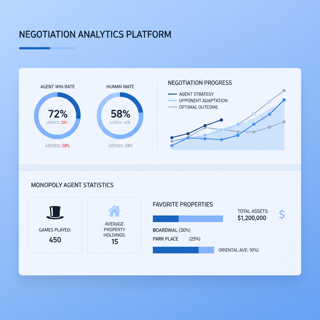 data dashboard with win rate charts, negotiation graphs, Monopoly agent stats, clean modern UI, blue tones