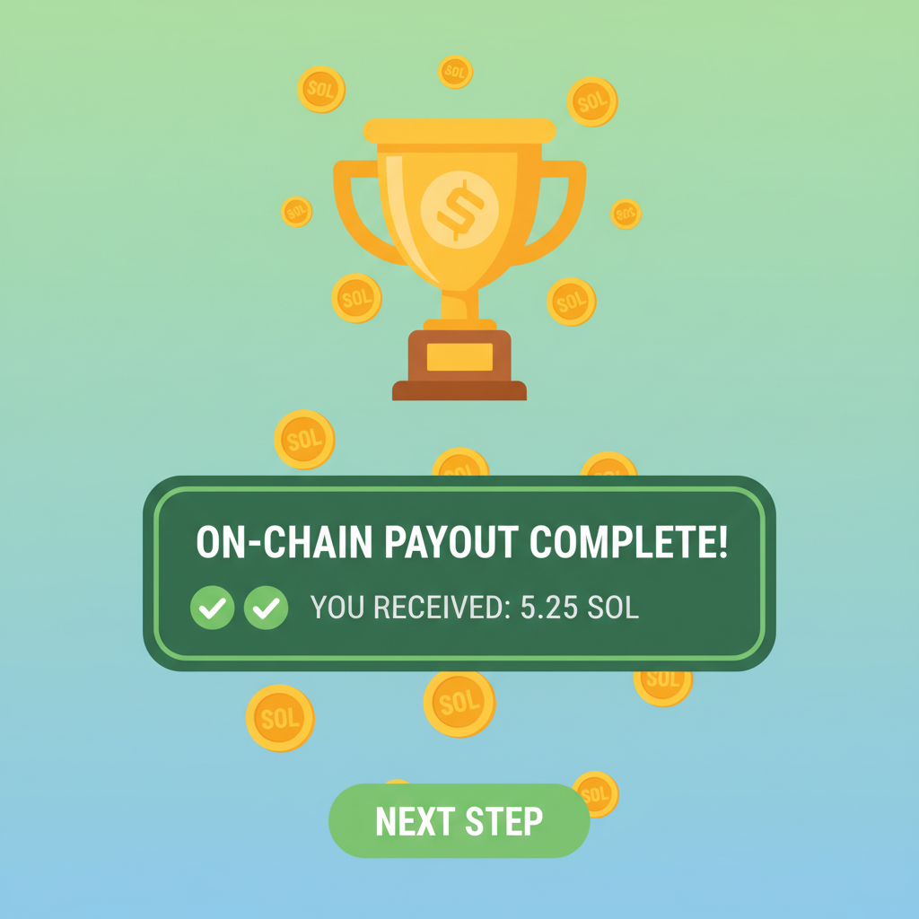 success screen with on-chain payout notification, SOL tokens raining, trophy icon, green checkmarks, celebratory