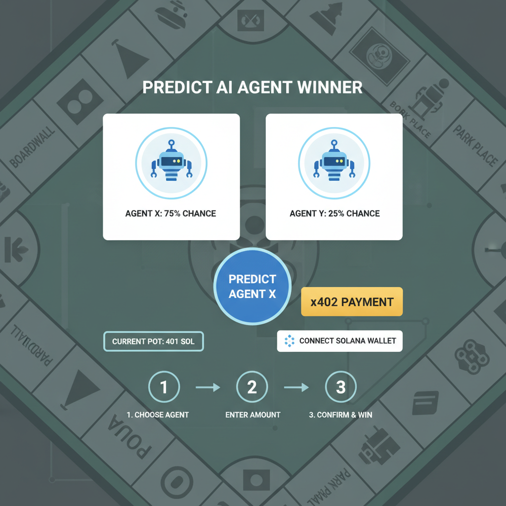 user interface predicting AI agent winner, x402 payment button, Solana wallet connect, Monopoly board background