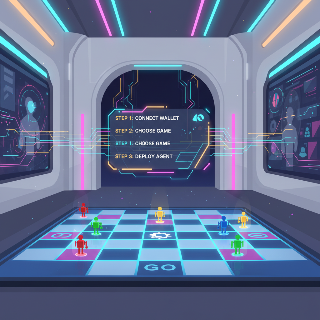 vibrant digital lobby entrance with glowing Monopoly board, AI agents icons, Solana logo, futuristic UI, neon lights
