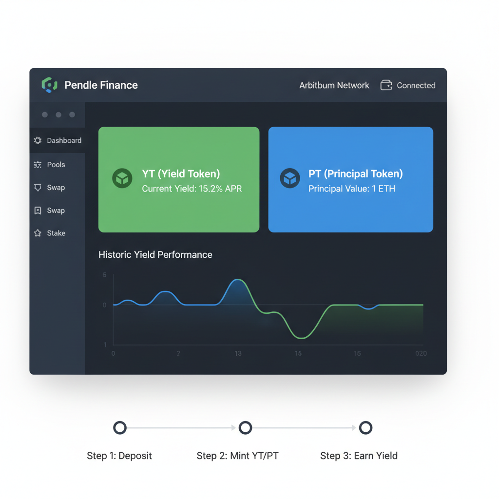 Pendle DeFi dashboard on Arbitrum, YT PT yield tokens displayed, clean web interface, dark mode