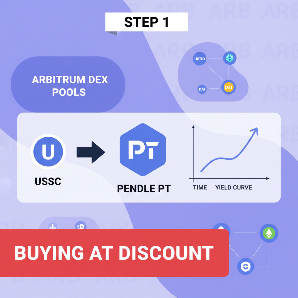 Buying Pendle PT token at discount with USDC, yield curve graph, Arbitrum DEX pools in background