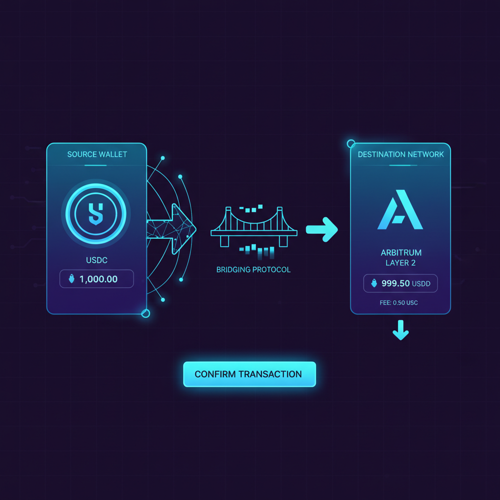 sleek crypto wallet bridging USDC to Arbitrum Layer 2 network, neon blue tones, futuristic UI