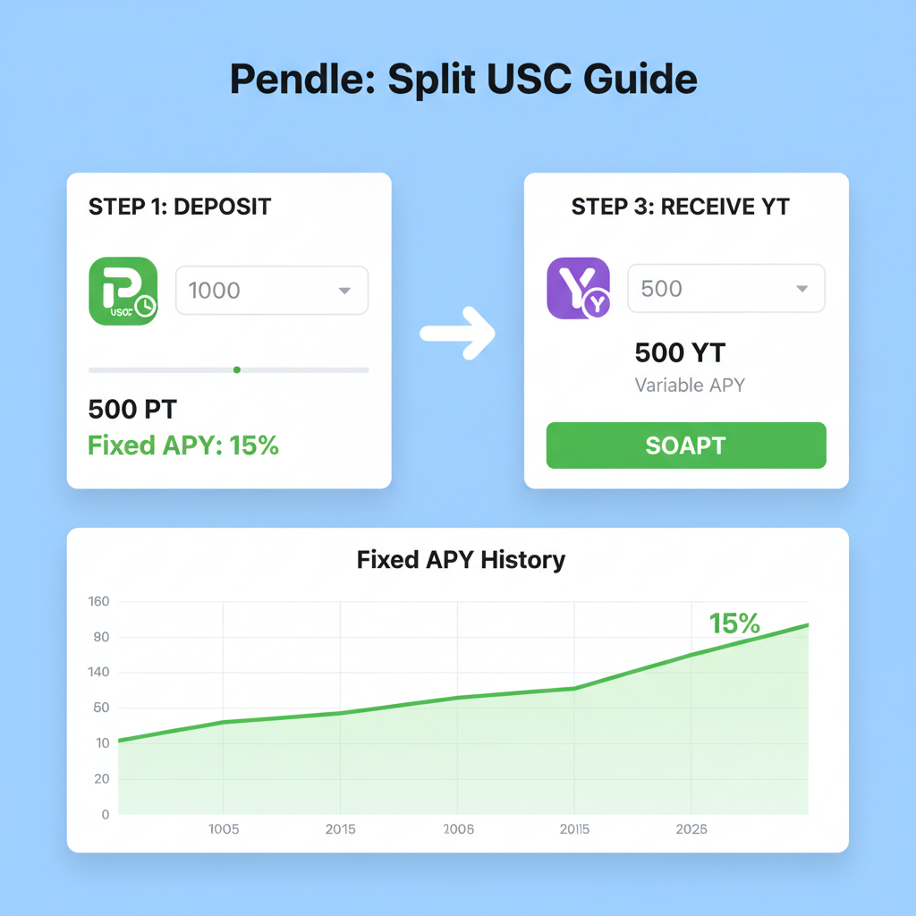Pendle interface splitting USDC into PT and YT tokens, charts showing fixed APY, vibrant green accents