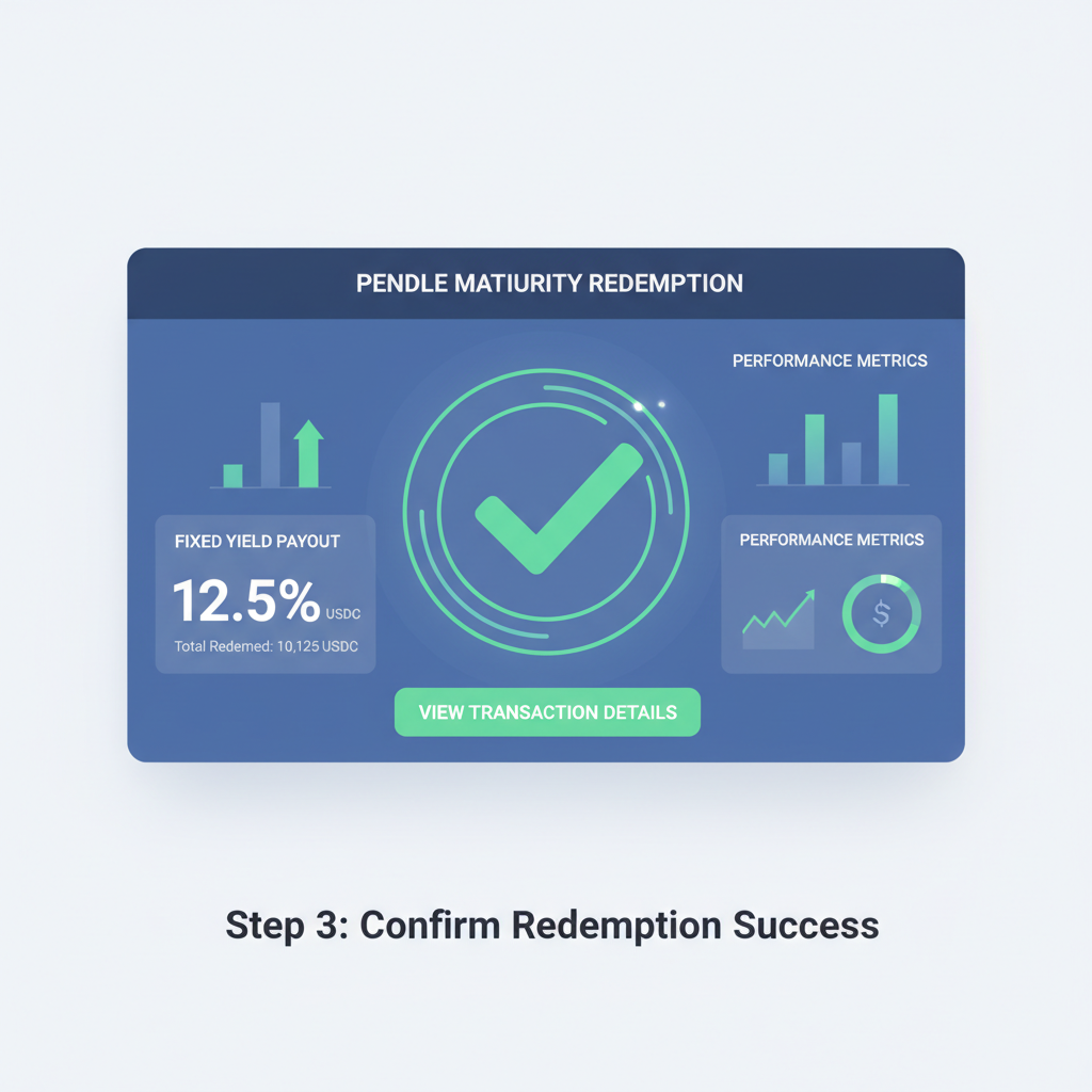 Pendle maturity redemption screen, fixed yield payout, success checkmark, data dashboard