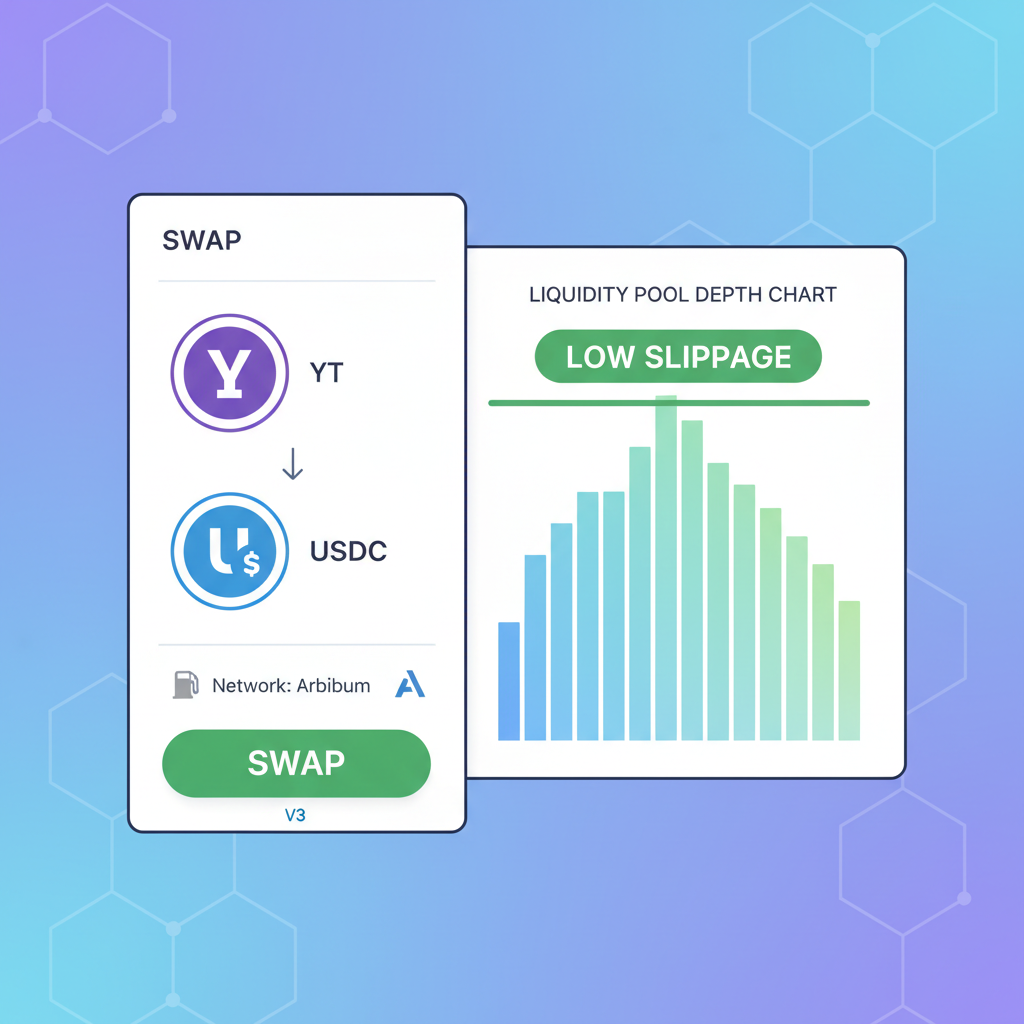 Uniswap V3 swap YT token for USDC on Arbitrum, liquidity pool depth chart, low slippage indicator