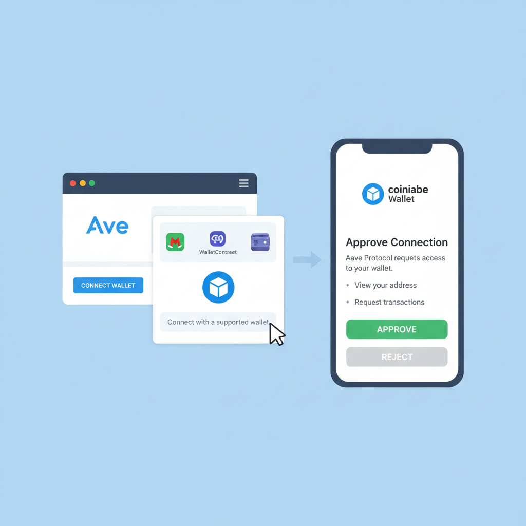 Aave connect wallet popup selecting Coinbase Wallet, secure approval screen