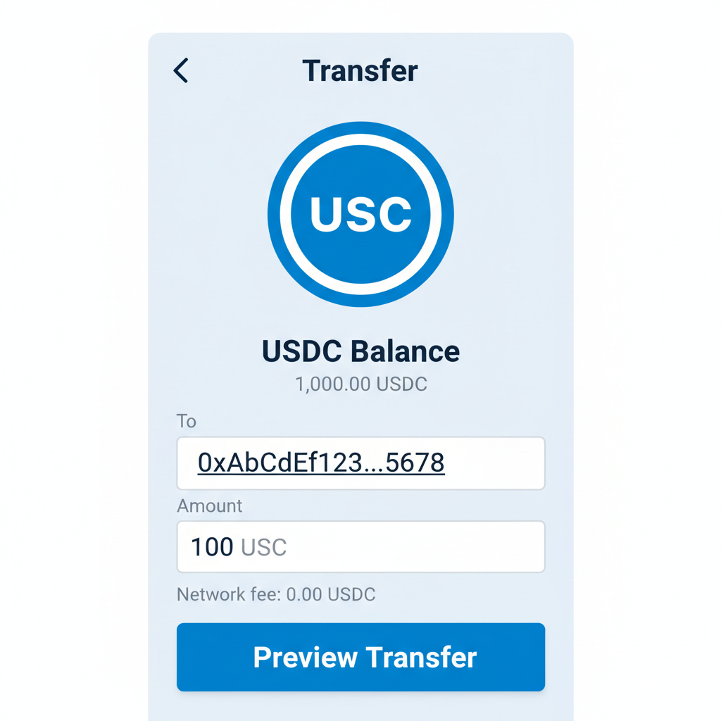 screenshot of Coinbase app transferring USDC to wallet address, simple interface with USDC balance