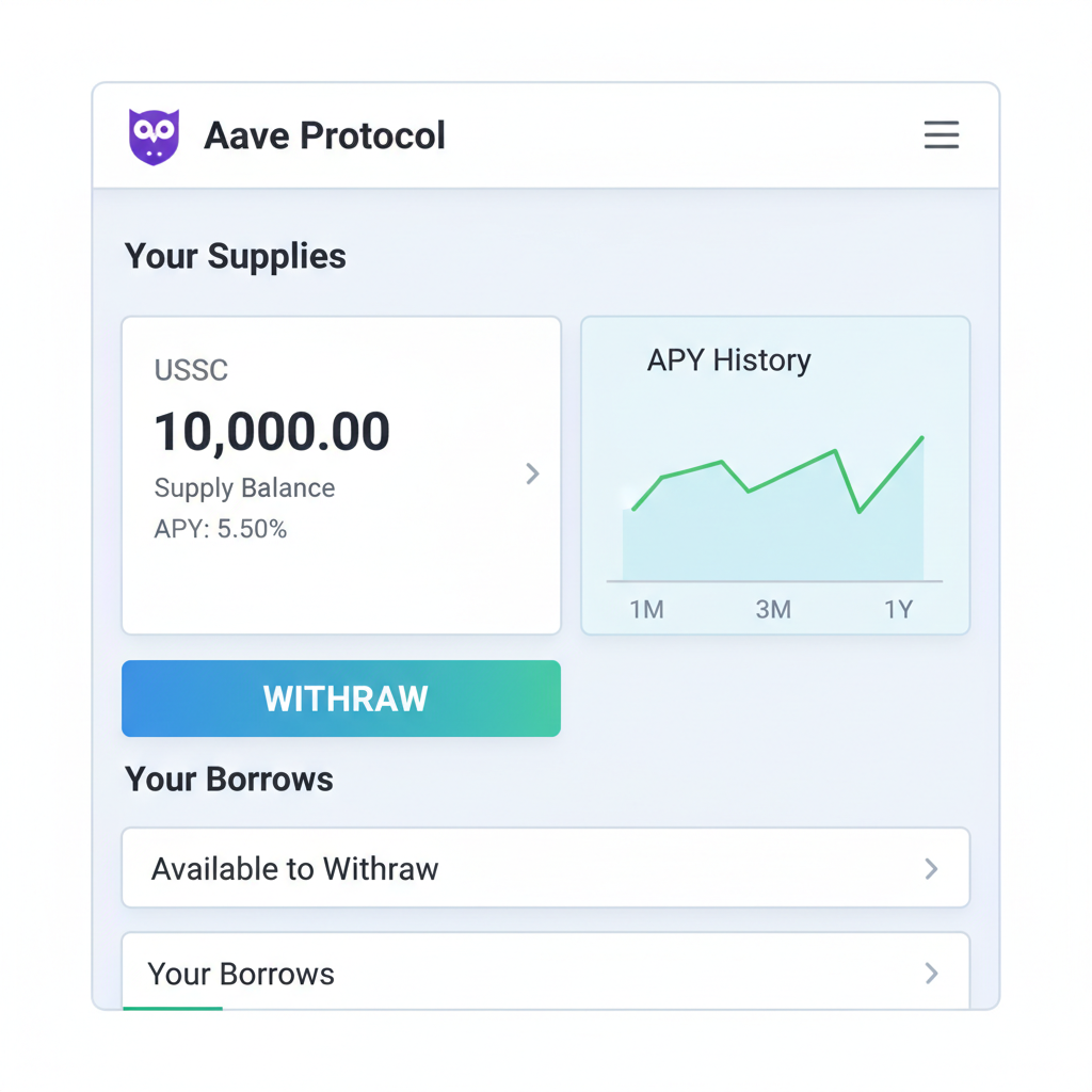 Aave dashboard showing USDC supply balance, APY graph, and withdraw button