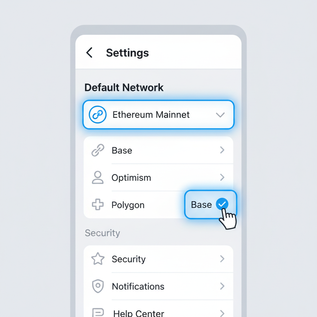 Coinbase Wallet settings screen selecting Base network, highlighted chain switcher