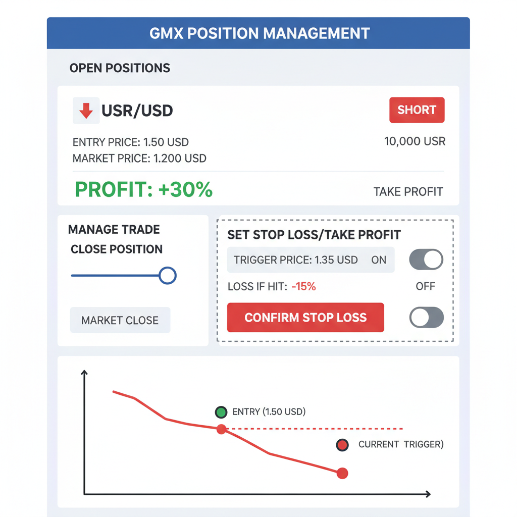 GMX position management with stop-loss order placed on short USR trade