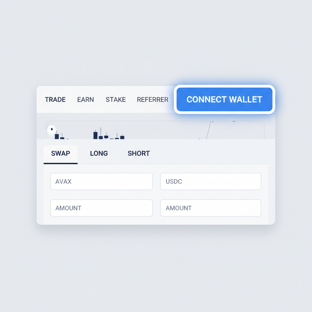 GMX trading interface with wallet connection button highlighted, clean UI screenshot style