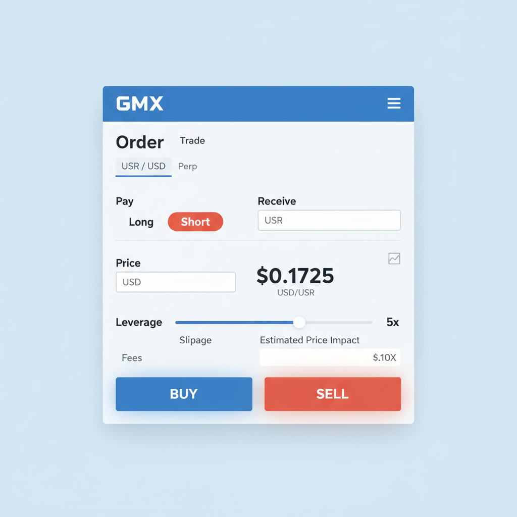 GMX order entry form for short USR perp, sell button active, price $0.1725